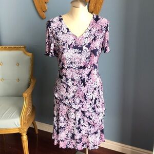 Connected apparel navy blue pink floral short sleeves layered stretchy dress S 6
